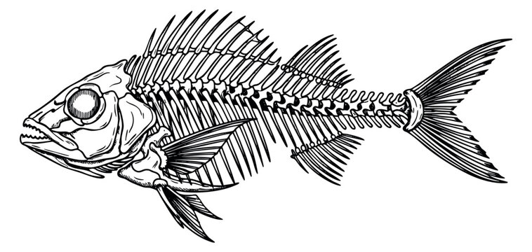 Fish skeleton illustration black and white line art