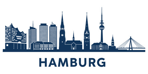 Fototapeta premium Hamburg Skyline Silhouette with Famous Landmarks in Dark Blue on White Keywords: Hamburg, skyline, silhouette, city