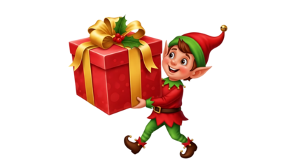Cheerful cartoon elf carrying a large red Christmas gift present