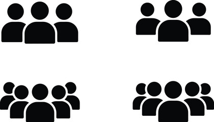 Four groups of black person icons in different arrangements on white background people silhouettes