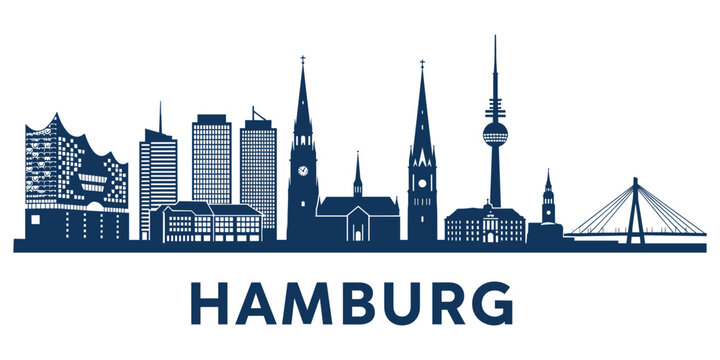 Hamburg Skyline Silhouette with Famous Landmarks in Dark Blue on White Keywords: Hamburg, skyline, silhouette, city