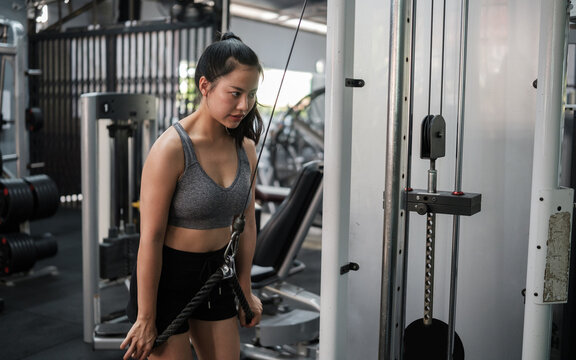 Focused young woman performing cable rope triceps pushdown in a modern gym. Healthy lifestyle concept.