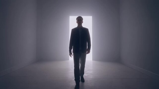 Silhouette of an adult man walking out of a glowing entrance into a dark space. Cinematic progression showing a journey into the unknown or facing a new challenge