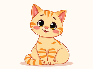 Obraz premium Cute orange cat character sitting. Adorable cartoon ginger kitten with big eyes, stripes, and rosy cheeks. Sweet happy feline pet vector illustration for kids.