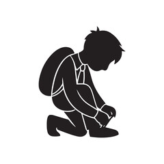  Silhouette of School Child Kneeling to Tie Shoelace with Backpack on White Background