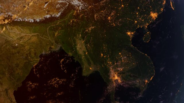 Myanmar from Space at Sunset. Asia from Space Orbit. Blue Planet Earth. Globe