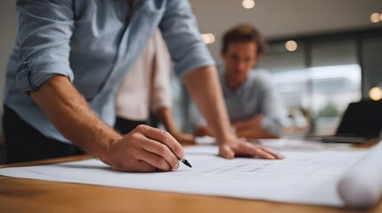 Business team collaborating on a project reviewing blueprints and plans on a table in a modern office setting