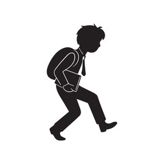 Silhouette of Student Walking with Backpack and Book in Hand on White Background