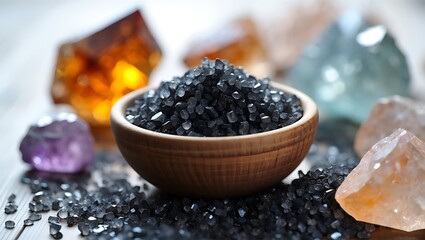 Black salt crystals in wooden bowl with gemstones