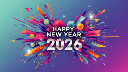 Vibrant Happy New Year 2026 celebration with colorful splashes and fireworks in a festive atmosphere