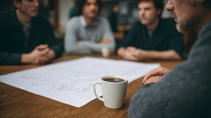 Business professionals collaborating around a table analyzing a flowchart diagram with a coffee mug on the desk