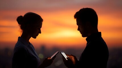 Silhouetted couple engrossed in their smartphones side by side against a vivid sunset sky symbolizing modern connection