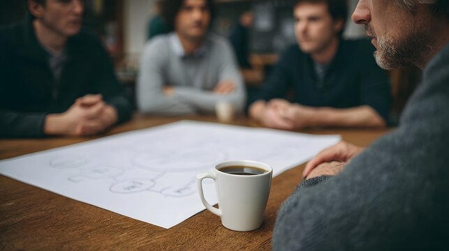 Business professionals collaborating around a table analyzing a flowchart diagram with a coffee mug on the desk - Powered by Adobe