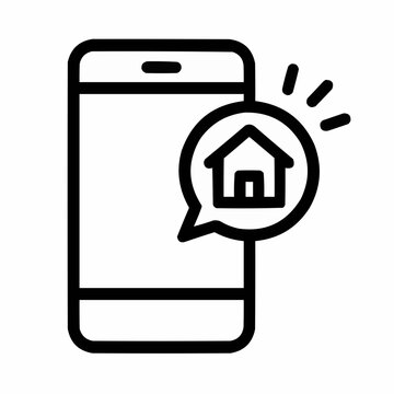 Line icon of a mobile phone with house alert &mdash; new listing notification, black on white, square minimalist style