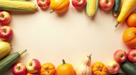 Many different fruits and vegetables arranged in a circle food background copy space