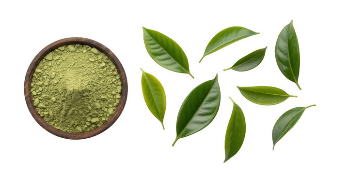 Green tea powder and leaves bowl isolated on a transparent background