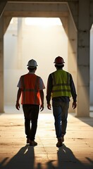 Two construction workers walking in a tunnel with a bright light