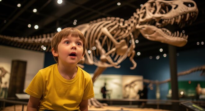 Young boy looking up in awe at a large dinosaur skeleton in a natural history museum exhibit.