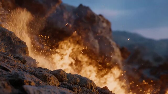 A digital explosion simulated by CGI artists, glowing embers and expanding shockwaves rendered with cinematic precision for a sci-fi battle sequence &mdash; advanced VFX production and 3D visual
