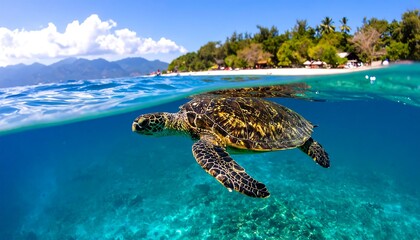 Sea turtle swims in clear turquoise water with a tropical island beach in the background under a partly cloudy sky