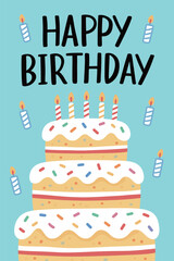 Colorful Birthday Cake with Sprinkles and Candles Illustration, Happy Birthday Text Concept for Party Invitation and Celebration