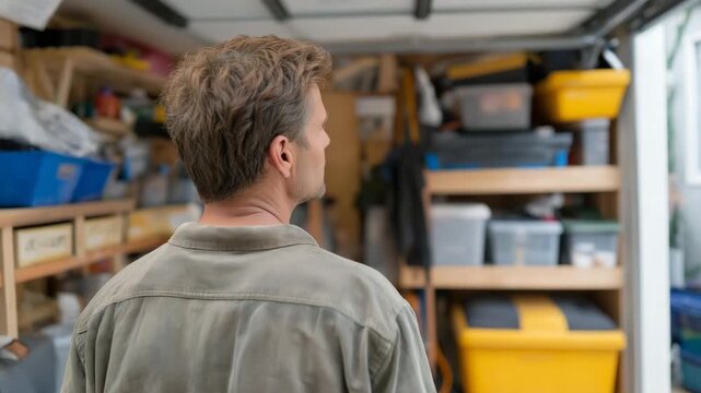 A homeowner tackling a crowded garage, sweeping away dust, installing heavy-duty shelving, and neatly stacking bins to reclaim valuable storage space and reduce everyday stress. cinematic color