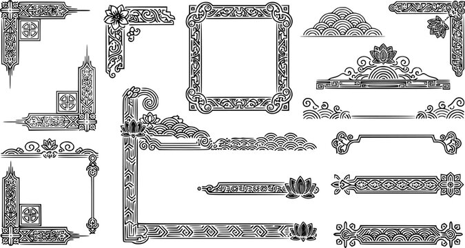 Traditional asian decorations. Korean frame borders, corners and dividers. Geometric stamp ornament, oriental line vector set
