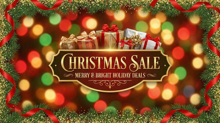 Christmas Sale Banner with Gifts and Bokeh Lights
