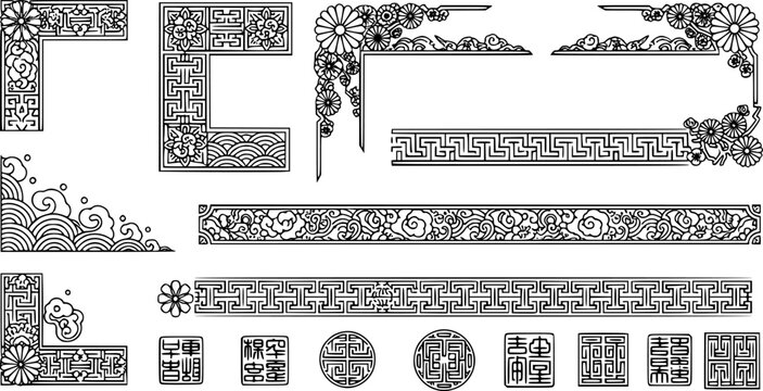 Traditional asian decorations. Korean frame borders, corners and dividers. Geometric stamp ornament, oriental line vector set