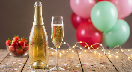 Champagne Bottle and Glass with Strawberries and Balloons