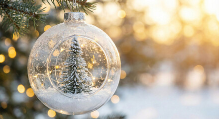 Glass Ornament with Miniature Tree on Christmas Branch