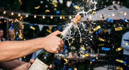 Champagne Bottle Popping with Confetti at Outdoor Party