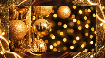 Golden Christmas Ornaments with Bokeh Lights Background