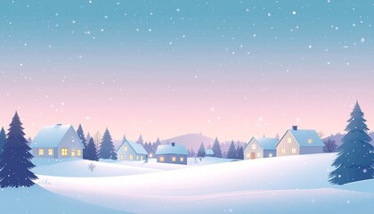 Snowy village landscape with warm houses under starry winter sky