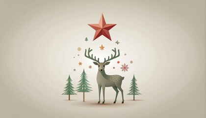 Festive deer with star and snowflakes in winter wonderland scene