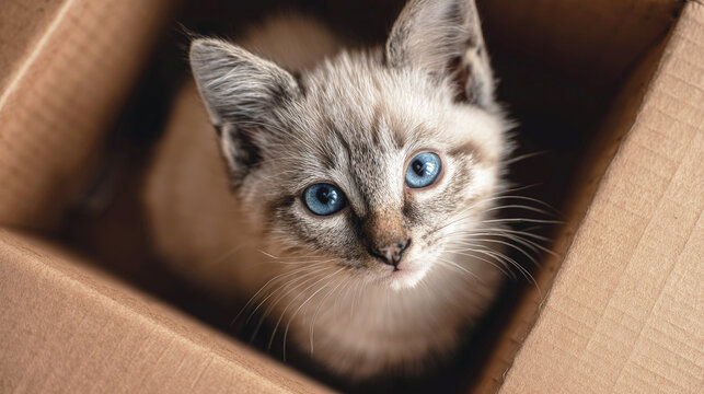 Cute blue eyed kitten with soft fur sitting inside a cardboard box, looking up curiously in a warm indoor setting with shallow depth of field.