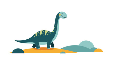 Fototapeta premium Friendly green brachiosaurus dinosaur character with a happy smile, walking in a simple, flat-style prehistoric landscape scene.