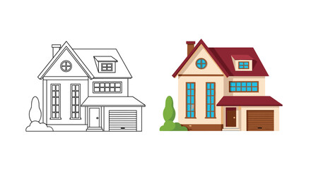 Fototapeta premium Detailed illustration of a two-story suburban house with a garage, shown as both a black and white outline and a full-color version.