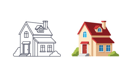 Fototapeta premium Classic two-story suburban home with a covered porch, illustrated in a clean black and white outline and a simple color version.