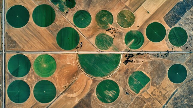 Aerial top down view of circular center pivot irrigation crop fields in semi arid farmland forming abstract green geometric pattern