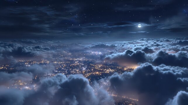 Nocturnal Flight: Aerial Journey Through Illuminated City Lights and Moonlit Clouds