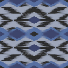 Ethnic ikat blue dye yarns weaving seamless pattern. Vector hand drawn craftsmanship embroidery bohemian, abstract square geographic art fabric ikat textile material design for clothing wallpaper 