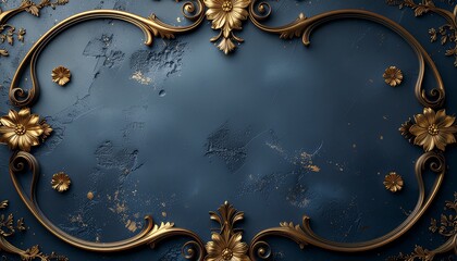 Elegant gold floral frame on dark blue background with luxury texture
