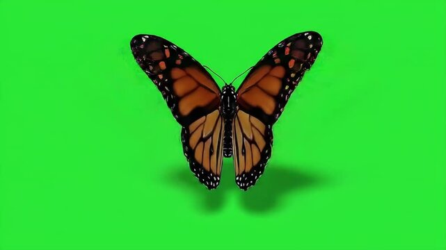 Beautiful monarch butterfly flapping wings isolated on green screen chroma key background