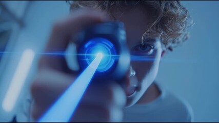 Young boy with curly hair holding futuristic device emitting blue light beam, showcasing ai and technology modern digital sci fi setting, intense focus and curiosity, dramatic lighting, child - Powered by Adobe