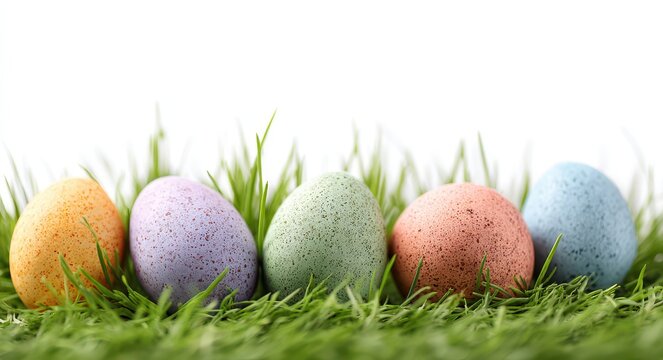 Vibrant Easter Eggs Resting on Lush Green Grass Against a Bright White Canvas - Powered by Adobe