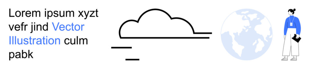 Cloud computing, global outreach, digital connections, modern technology, networking, data exchange. Minimalist cloud and globe with person holding documents. Cloud computing and global outreach