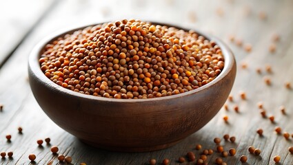 Mustard seeds in a wooden bowl on rustic table