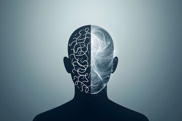 Abstract depiction of a brain divided into chaotic thoughts and calm neural network for mental health awareness.