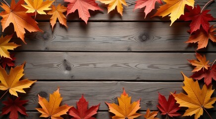 Wooden surface with a wreath of autumn leaves copy space